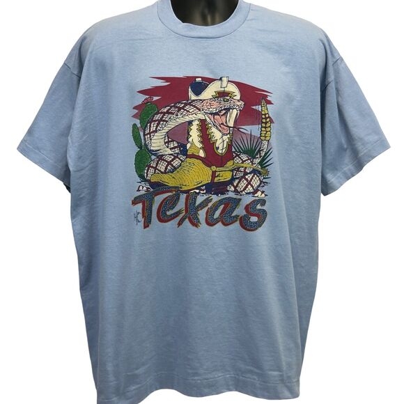 Vintage 90s Texas Rattlesnake Cowboy Boots T Shirt Mens XXL 2XL Texan USA Blue - Picture 2 of 7